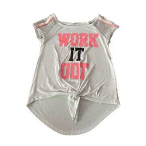 white shirt saying "Work It Out"